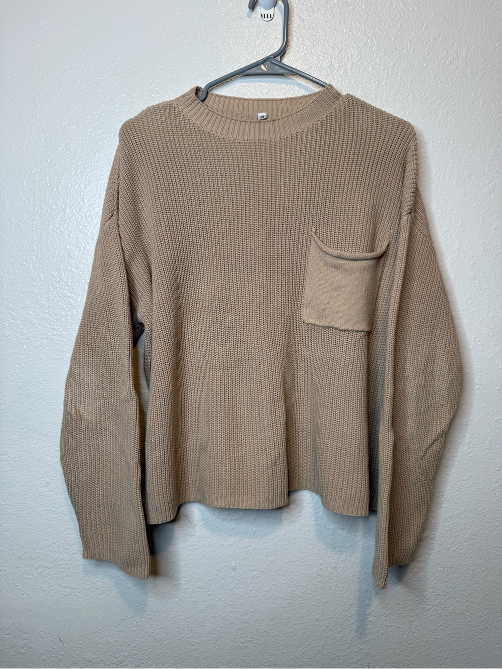 Oatmeal Boxy Long Sleeve Patch Pocket Sweater Size Medium Cozy Academia Layering